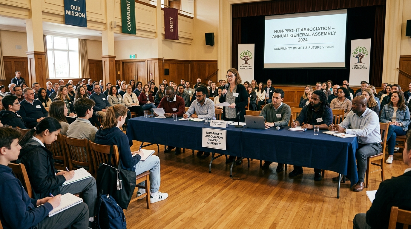 Annual general assembly meeting with civic leaders, teachers, and student representatives