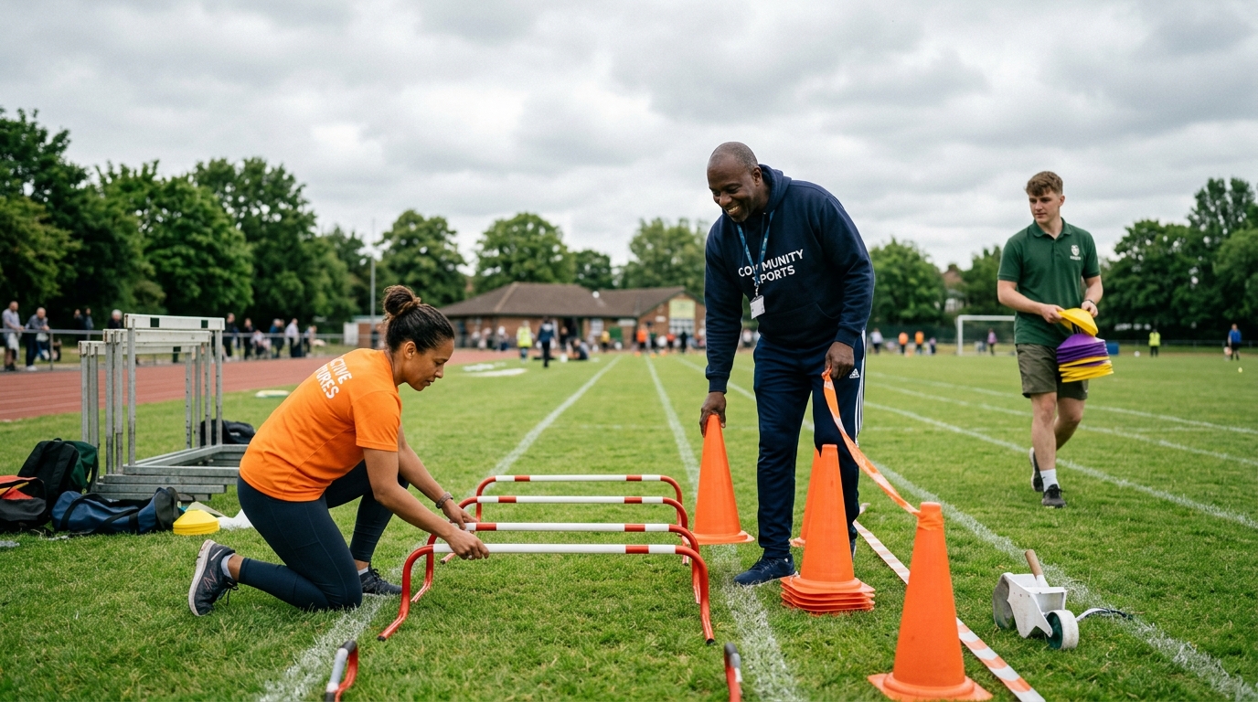 Sports training educators organizing equipment on community athletic field