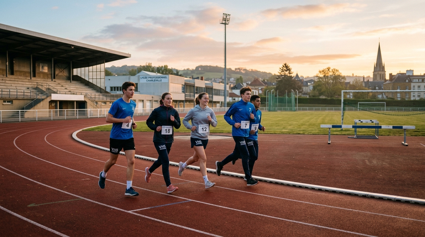 Vocational high school students training together on outdoor track in Charleville-Mézières