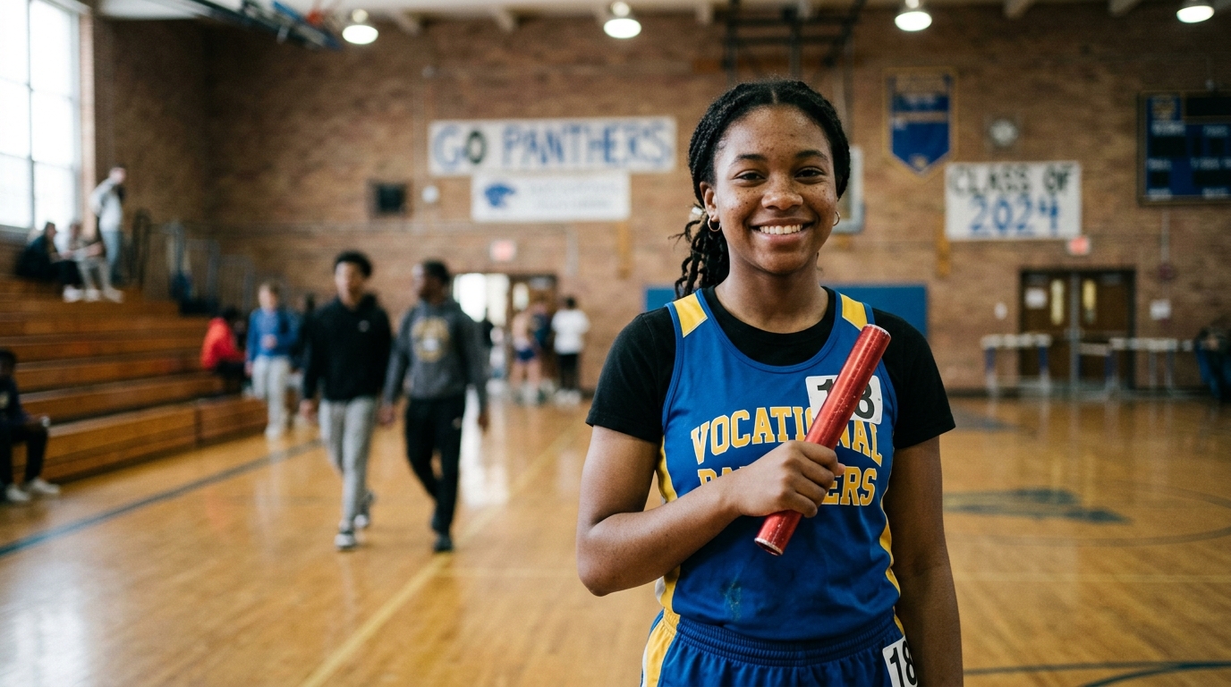 Young vocational student athlete smiling with pride after sprint clinic workout