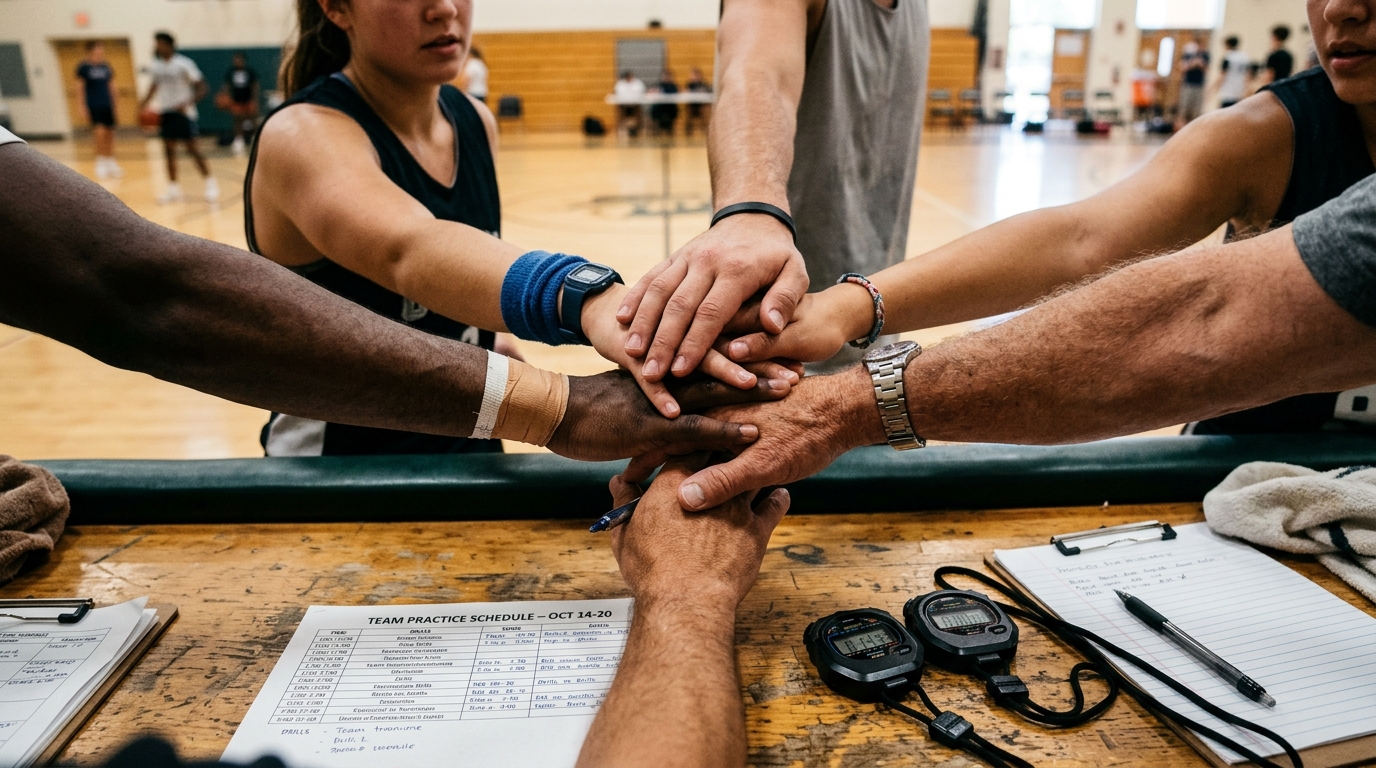 Hands coming together in unity over project planning documents and sports schedules