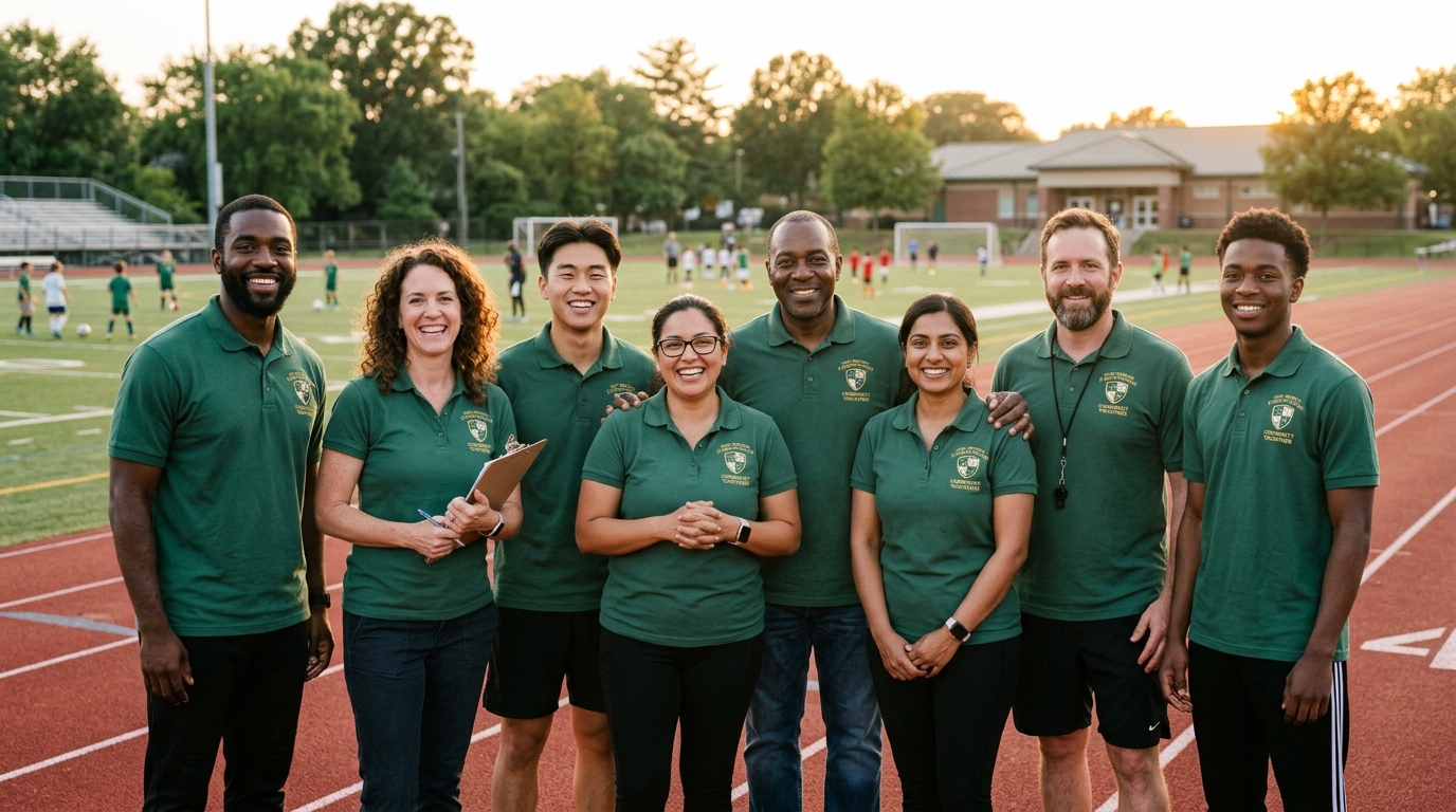 Group of dedicated volunteer sports mentors and coaches standing together