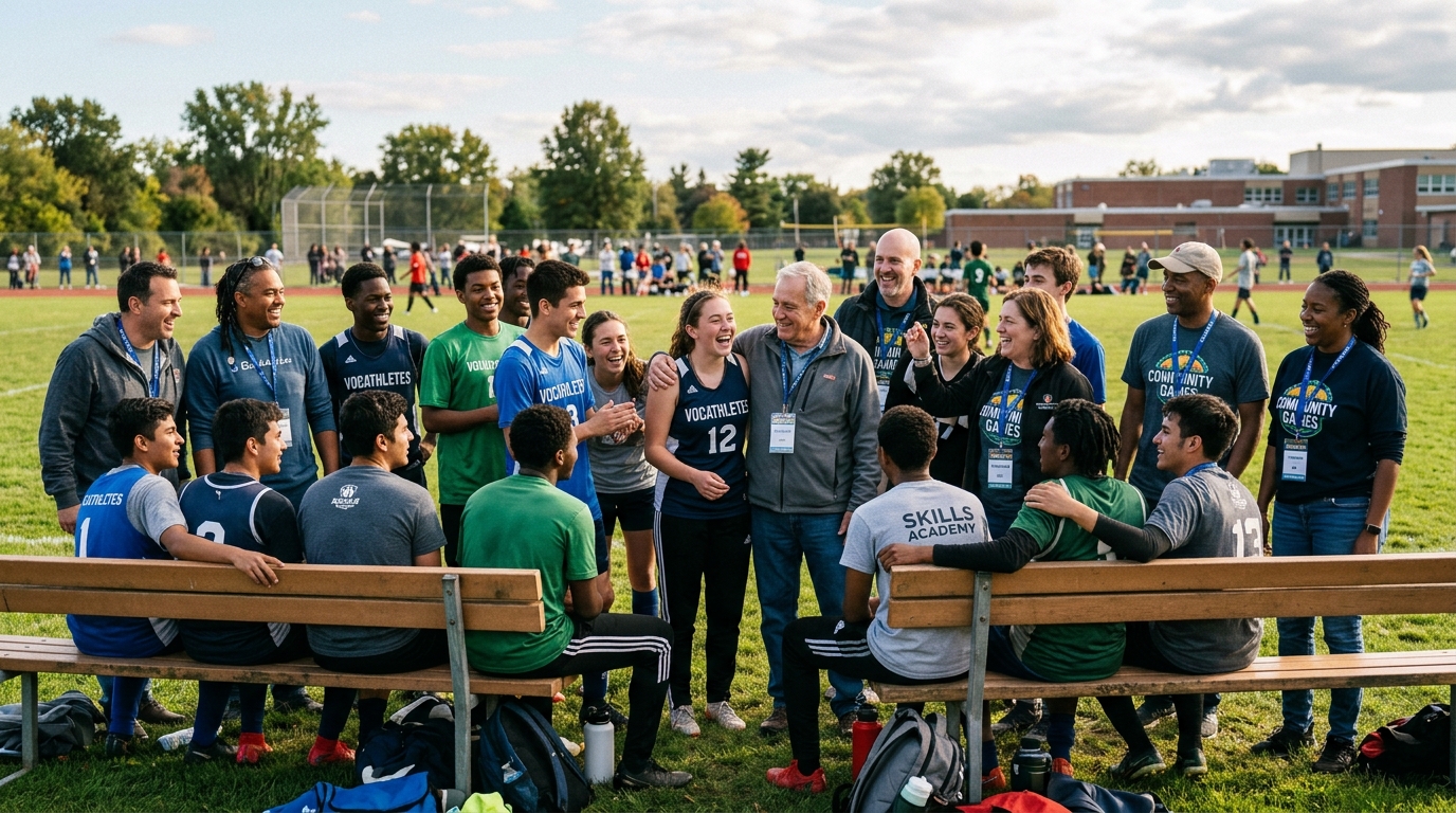Volunteers and student athletes smiling together after completing community sports event
