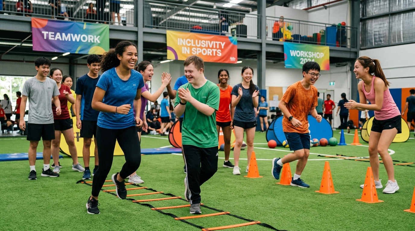 Vocational school students participating enthusiastically in an educational athletic workshop